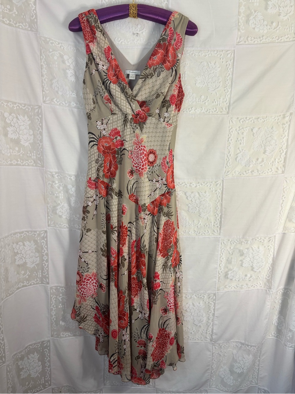 Tan+Red Floral Bias Cut Asymmetrical Hem‎ Whimsy Cottage Fairy Dress Size M-L